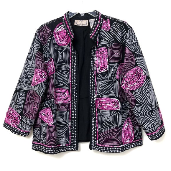 Mola Inspired Open Front Jacket in Pink on Black - Picture 1 of 4
